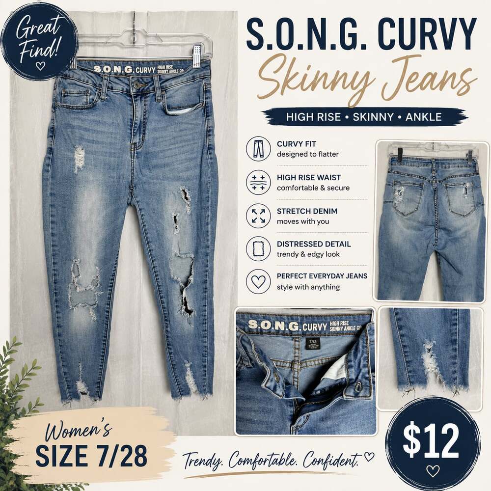 S.O.N.G. Curvy Women’s 7/28 High Rise Distressed Skinny Ankle Jeans Light Wash